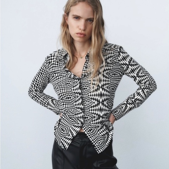 NWT Zara Black & Off-White Whimsical Geometric Y2K Inspired Collared Button-Down - Picture 1 of 15